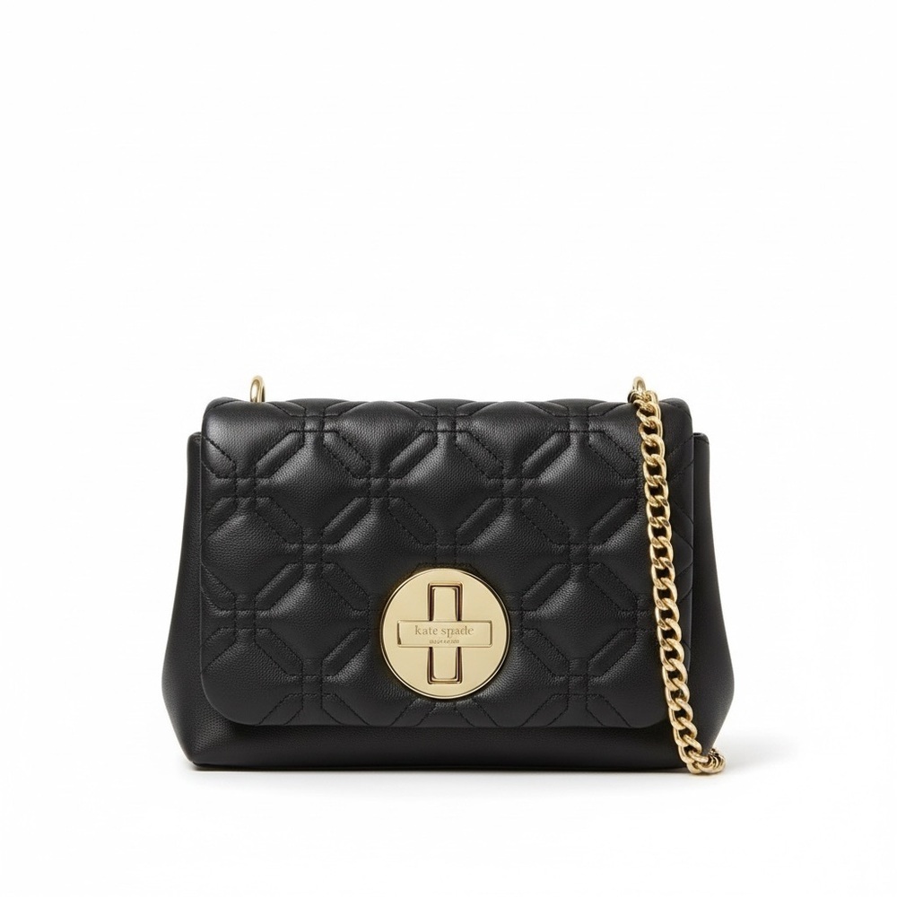 Kate Spade Quilted Leather Chain Crossbody Black Gold Turnlock EUC